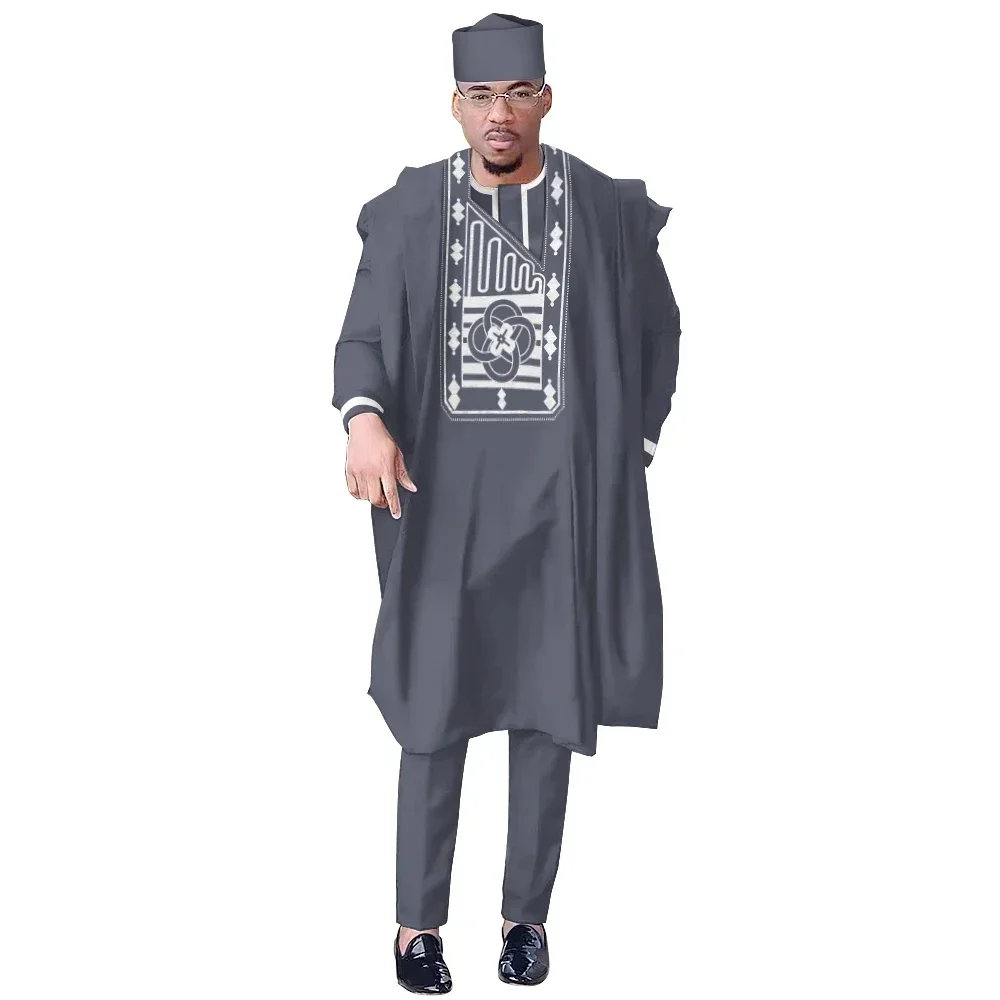 stock size African Men Dashiki Clothes Shirt Pants Suit Ankara Embroidery Long Sleeve Tops Trouser with Hat 4 PCS WYN1884.
