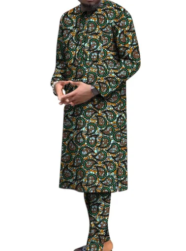 Customized African Wax Men's set Print Long Shirt With Trouser Party Suit Wedding Wear Guaranteed Original outfits
