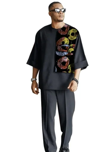 3/4 Sleeves African Clothes Black Men Loose Set Nigerian Style Patchwork Tops With Pant Tailor Made Party Outfit