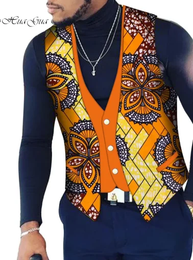 Custom Mens Top Clothing Bazin Riche Patchwork Print Top Vest 100% Cotton Dashiki Traditional African Clothing WYN107.