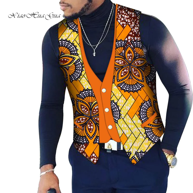 Custom Mens Top Clothing Bazin Riche Patchwork Print Top Vest 100% Cotton Dashiki Traditional African Clothing WYN107.