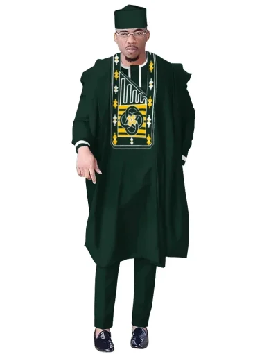 stock size African Men Dashiki Clothes Shirt Pants Suit Ankara Embroidery Long Sleeve Tops Trouser with Hat 4 PCS WYN1884.
