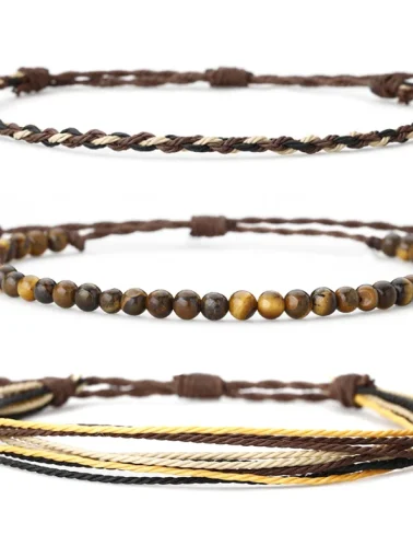 3PCS Wax Bracelet Set for Women Men Waterproof, Tiger Eye African Turquoise Beaded Friendship Bracelets Gifts for Best Friend