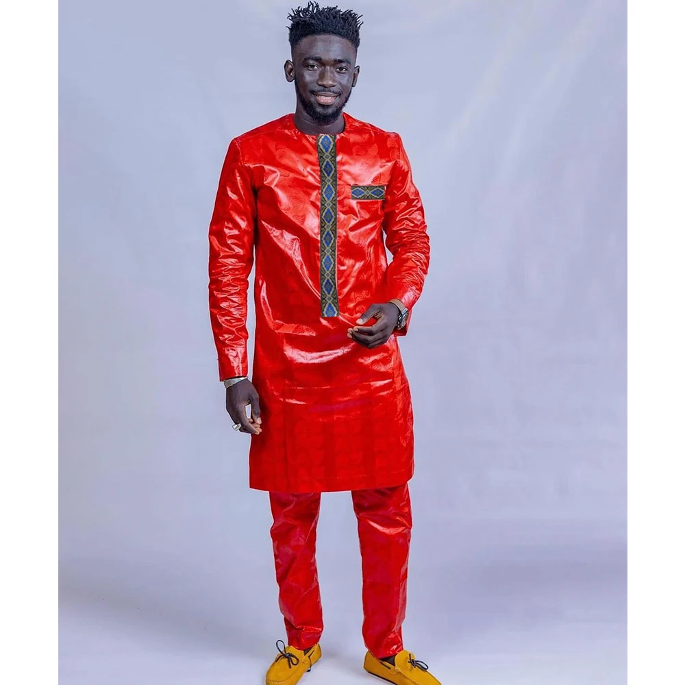 Bazin Riche African Men Clothing Dashik Men Suit Casual 2 Pcs Set Shirt and Pant Fashion Sport Style Original Nigerian Men Outfi