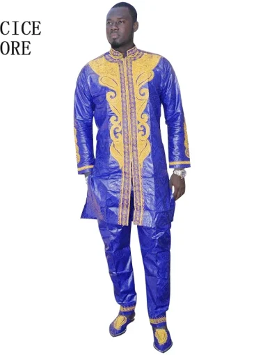 African Man Fashion Bazin Riche Embroidery Design Long Top With Pants Without Shoes