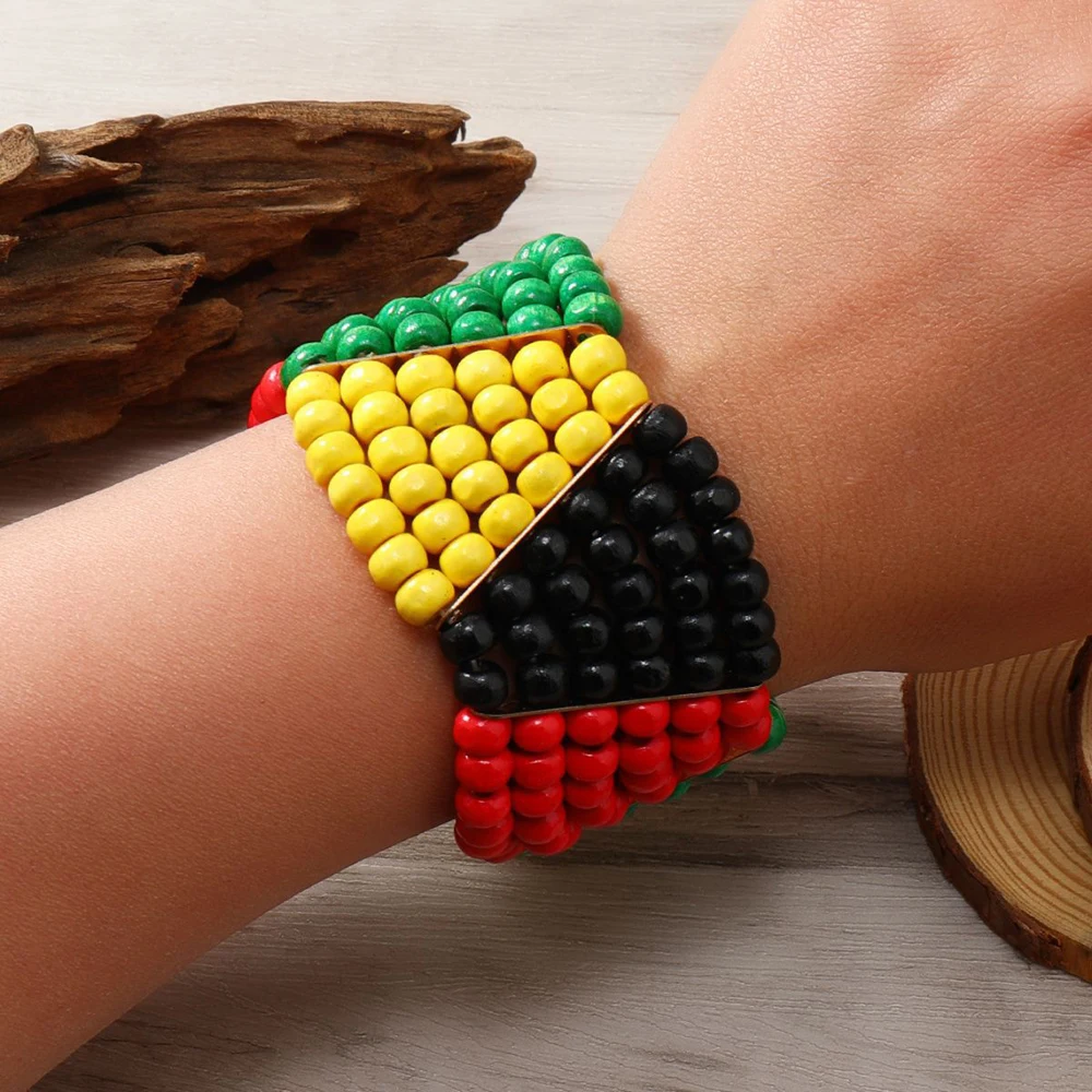 1 Pcs Bohemian Ethnic Colorful Wooden Beads Bracelet for Women Men Handmade Elastic Wide African Tribal Hand Jewelry Accessories